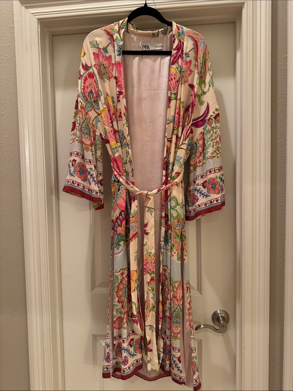 Zara Cream Floral Wrap Kimono Duster Cardigan Belted light weight cover up Small